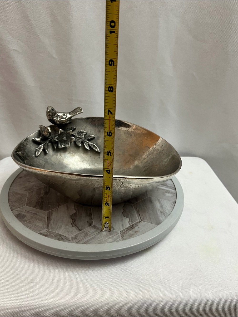 Vintage Silver Tone Bird & Floral Decorative Bowl Centerpiece 11” - Picture 7 of 7